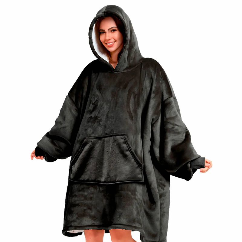 Foto van Sherry oversized hoodie - 70x110 cm - hoodie & deken in één - heerlijke, grote fleece hoodie deken - raven - zwart