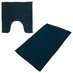 Foto van Urban living badkamer droogloop matjes/tapijt - set 2x stuks - polyester - donkerblauw - badmatjes