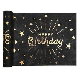 Foto van Tafelloper op rol - happy birthday tekst - zwart/goud - 30 x 500 cm - polyester - feesttafelkleden