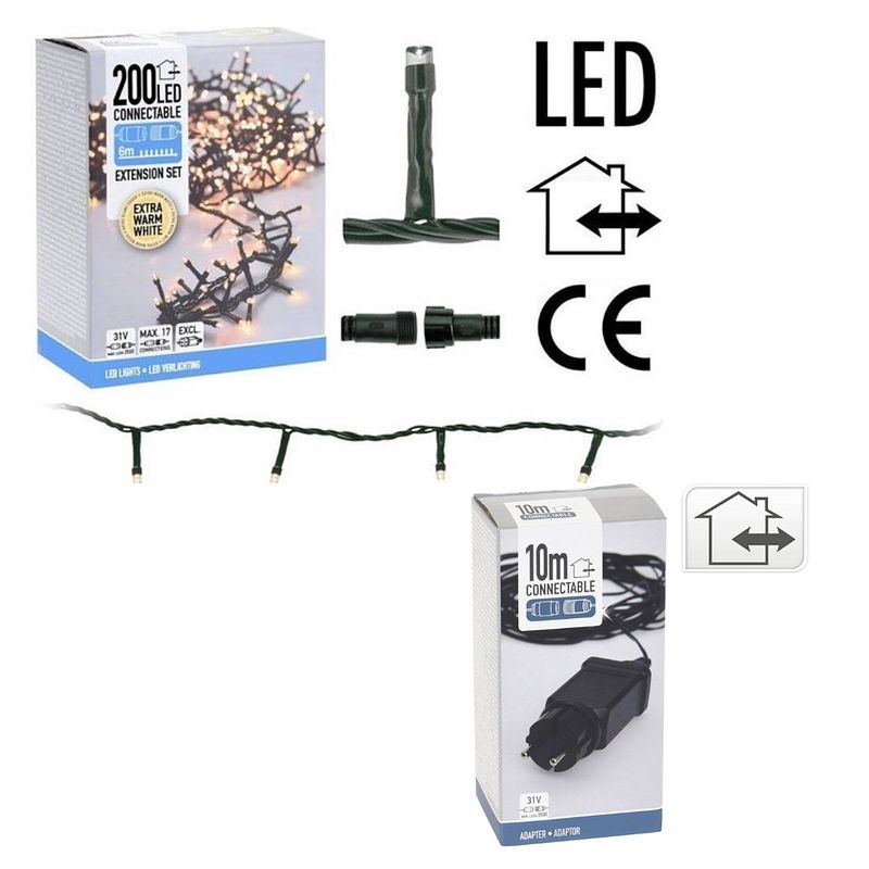 Foto van Nampook kerstverlichting - koppelbaar - 200 led - 6 meter - warm wit + incl. adapter met 10 meter snoerlengte