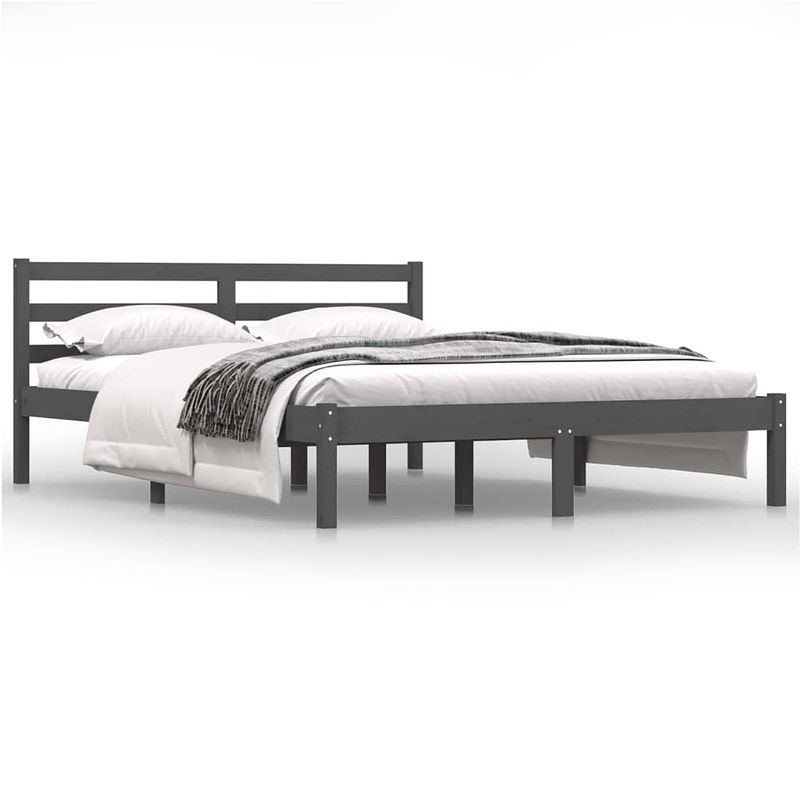 Foto van The living store bedframe grenenhout - grijs - 195.5 x 145.5 x 69.5 cm - stevig lattenbodem - comfortabel hoofdeinde -