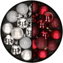 Foto van 34x stuks kunststof kerstballen zilver en donkerrood 3 cm - kerstbal