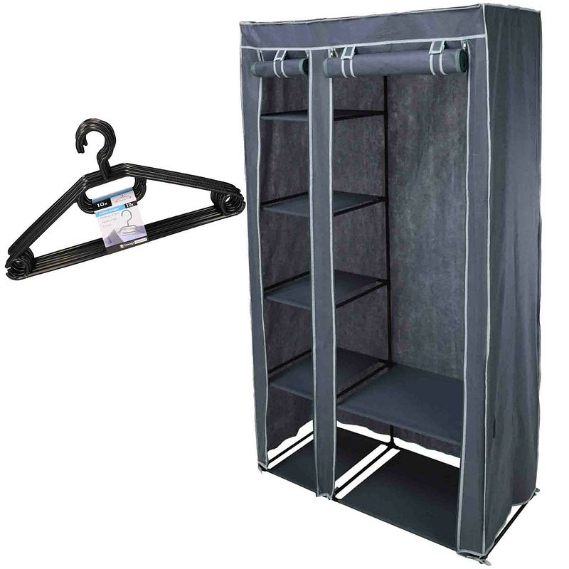 Foto van Set van mobiele kledingkast met kledinghangers - opvouwbaar - grijs - campingkledingkasten