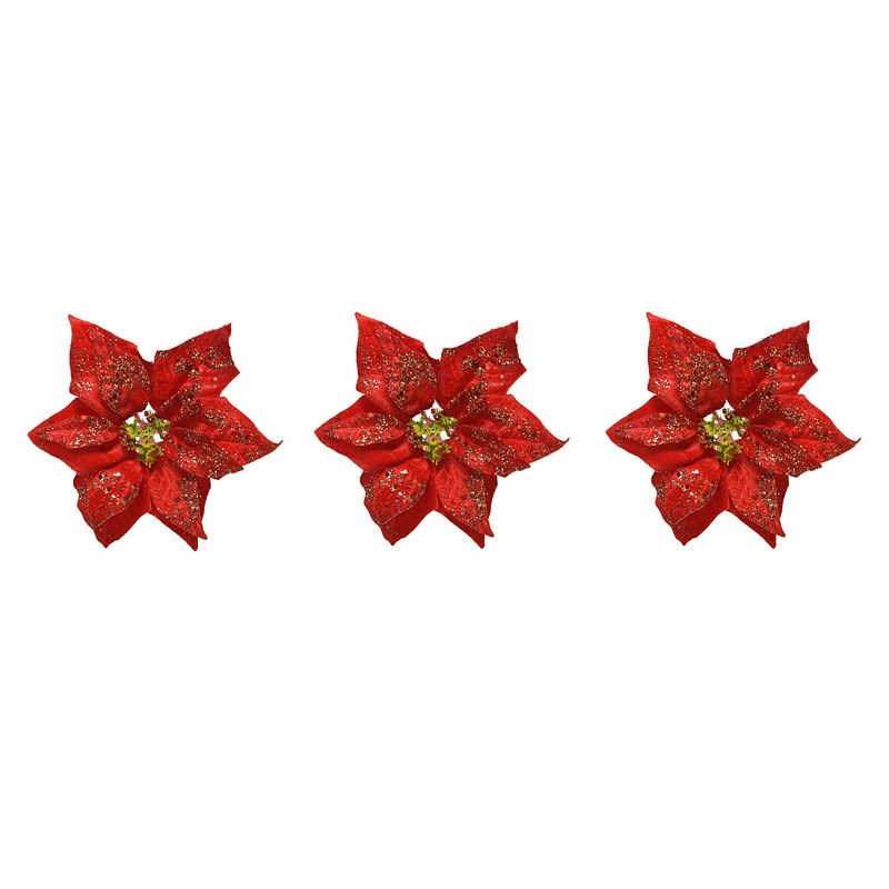 Foto van 3x stuks decoratie bloemen kerstster rood glitter op clip 20 cm - kersthangers
