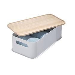 Foto van Idesign - opbergbox met handvat en deksel, 21.3 x 43 x 12.7 cm, paulownia hout, grijs - idesign eco storage