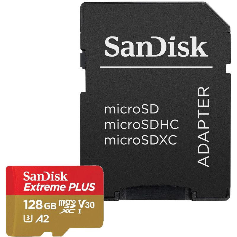 Foto van Sandisk extreme plus microsdxc 128 gb + sd adapter 200 mb/s 90 mb/s