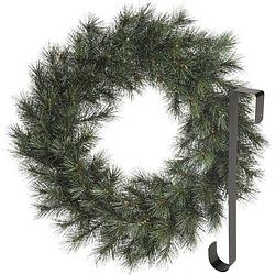 Foto van Kerstkrans 60 cm - groen - met zwarte hanger/ophanghaak - kerstversiering - kerstkransen