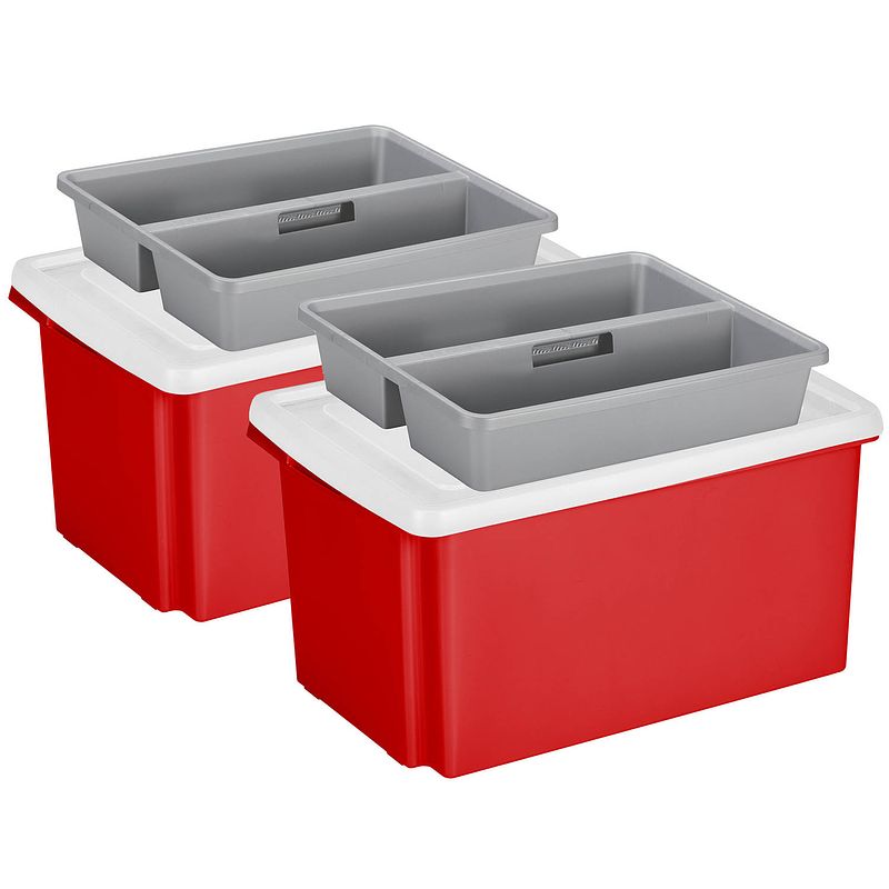 Foto van Sunware 2x opslagbox kunststof 51 liter rood 59 x 39 x 29 cm met deksel en organiser tray - opbergbox