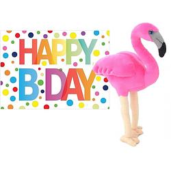 Foto van Pluche knuffel flamingo 31 cm met a5-size happy birthday wenskaart - vogel knuffels