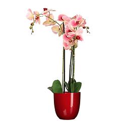 Foto van Orchidee kunstplant roze - 75 cm - inclusief bloempot rood glans - kunstplanten