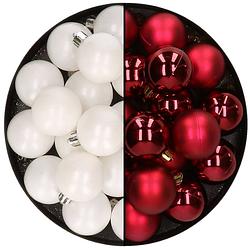 Foto van 32x stuks kunststof kerstballen mix van wit en donkerrood 4 cm - kerstbal