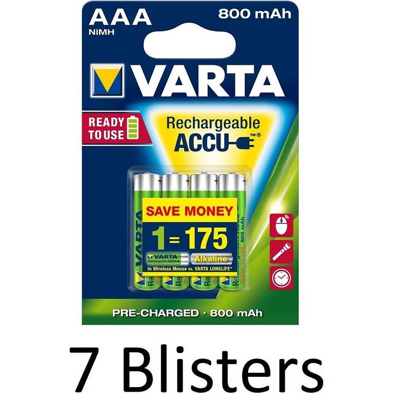 Foto van 28 stuks (7 blisters a 4 st) varta aaa oplaadbare batterijen - 800mah