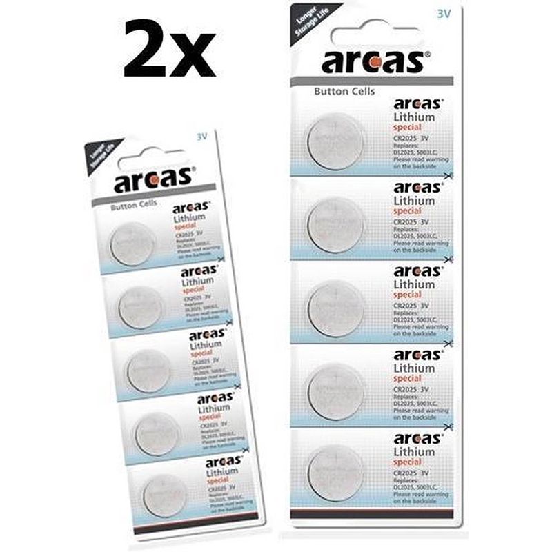 Foto van 10 stuks (2 blisters a 5st) - arcas cr2025 165mah 3v batterij