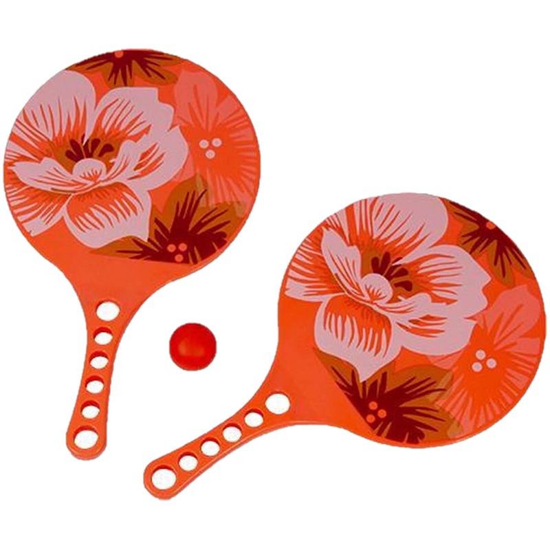 Foto van Kunststof beachball set oranje hibiscus print - beachballsets