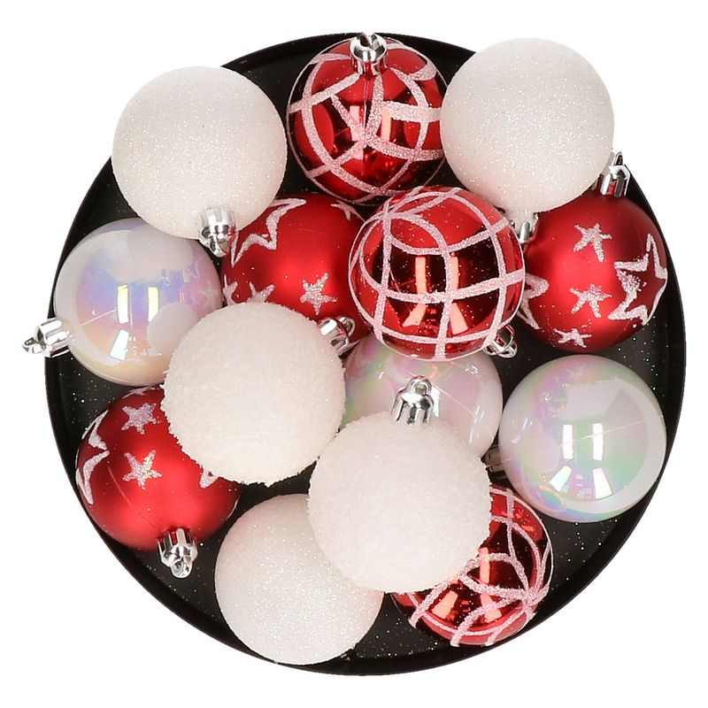 Foto van 15x stuks kerstballen mix wit/rood gedecoreerd kunststof 5 cm - kerstbal