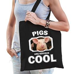 Foto van Katoenen tasje pigs are serious cool zwart - varkens/ varken cadeau tas - feest boodschappentassen