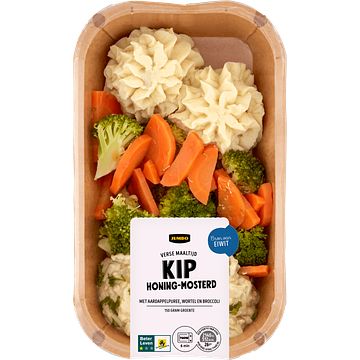 Foto van Jumbo verse maaltijd kip honingmosterd met aardappelpuree, wortel en broccoli 450g aanbieding bij jumbo | 2 verpakkingen a 450 gram