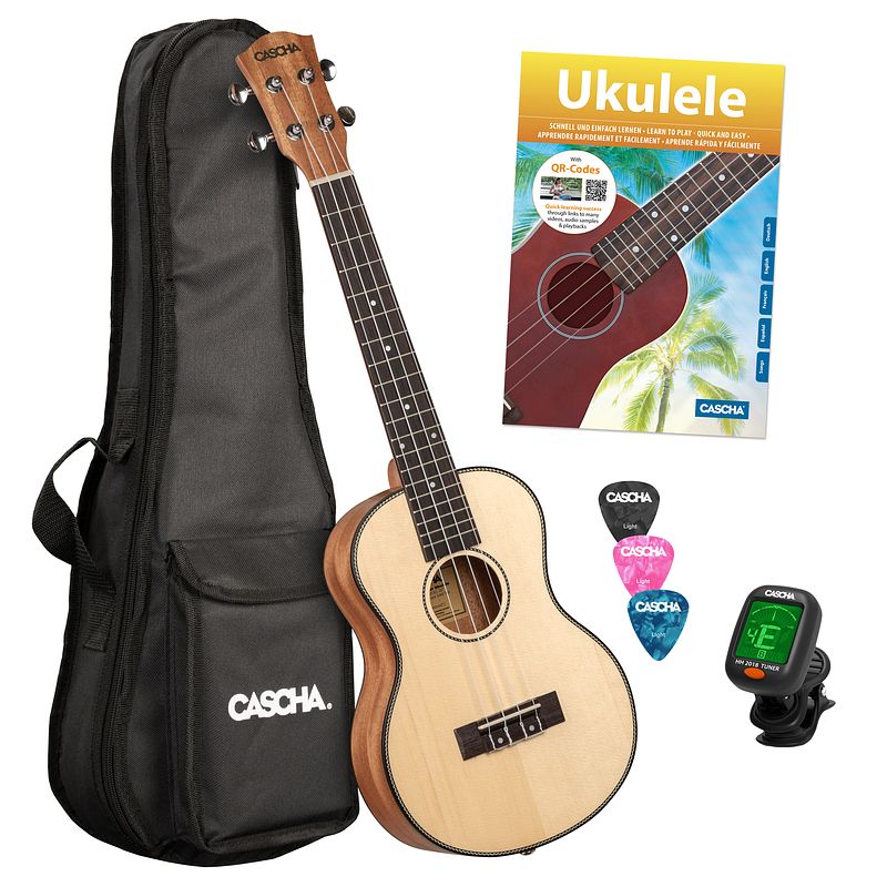 Foto van Cascha hh 2155 nl tenor ukelele massief spar bovenblad + gigbag, tuner, boek