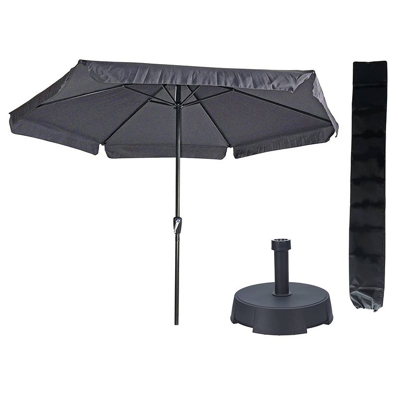 Foto van Parasol gemini donkergrijs/antraciet ø300 cm + parasolvoet 25 kg + kinzo parasolhoes