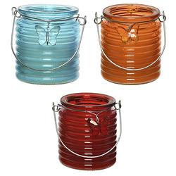 Foto van Set van 3x stuks citronella anti muggen kaarsen windlicht blauw, oranje en rood 20 branduren - geurkaarsen