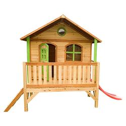 Foto van Axi stef speelhuis op palen & rode glijbaan speelhuisje voor de tuin / buiten in bruin & groen van fsc hout