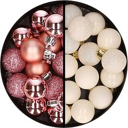 Foto van 34x stuks kunststof kerstballen roze en gebroken wit 3 cm - kerstbal