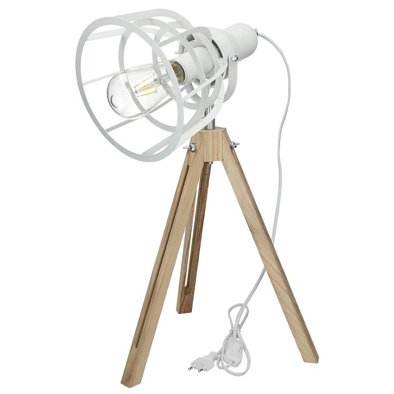 Foto van Tafellamp e27 + 1x led-lamp 4w wit metaal/hout poten