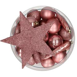 Foto van Bellatio decorations set 33x stuks kunststof kerstballen met ster piek oud roze - kerstbal