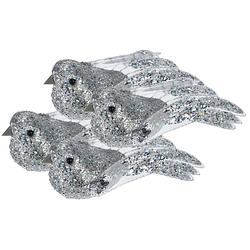 Foto van 4x stuks kunststof decoratie vogels op clip zilver met pailletten 15 cm - kersthangers