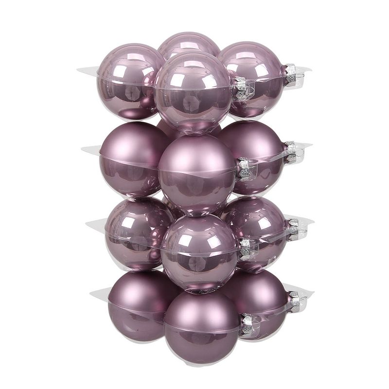 Foto van 32x stuks glazen kerstballen salie paars (lilac sage) 8 cm mat/glans - kerstbal