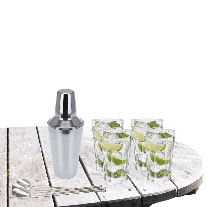 Foto van Cocktailshaker met 4x cocktailglazen mojito transparant 410 ml - cocktailglazen