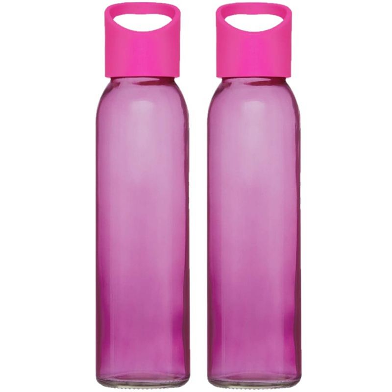 Foto van 2x stuks glazen waterfles/drinkfles transparant roze met schroefdop met handvat 500 ml - drinkflessen