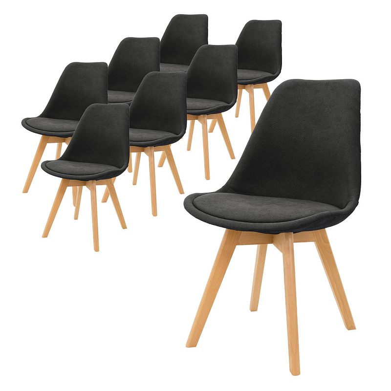 Foto van Ml-design set van 8 eetkamerstoelen met rugleuning, zwart, scandinavische gestoffeerde stoelen met beukenhouten poten