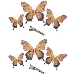 Foto van 6x stuks decoratie vlinders op clip - geel/roze - 3 formaten - 12/16/20 cm - hobbydecoratieobject