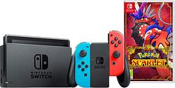 Foto van Nintendo switch rood/blauw + pokémon scarlet