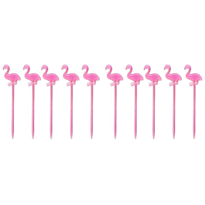 Foto van Cocktail/tapas prikkers - 100x - flamingo - roze - kunststof - 8 cm - cocktailprikkers