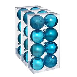 Foto van 24x stuks kerstballen turquoise blauw glans en mat kunststof 7 cm - kerstbal