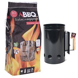 Foto van Bbq/barbecue briketten starter zwart inclusief 80x aanmaakblokjes - barbecuegereedschapset