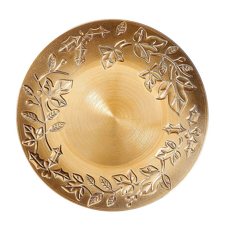 Foto van Inge christmas kaarsenbord - goud met bladeren - kunststof - d33 cm - rond - kaarsenplateaus