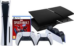 Foto van Ps5 slim disc edition + spider-man 2 + covers zwart + extra controller + oplaadstation