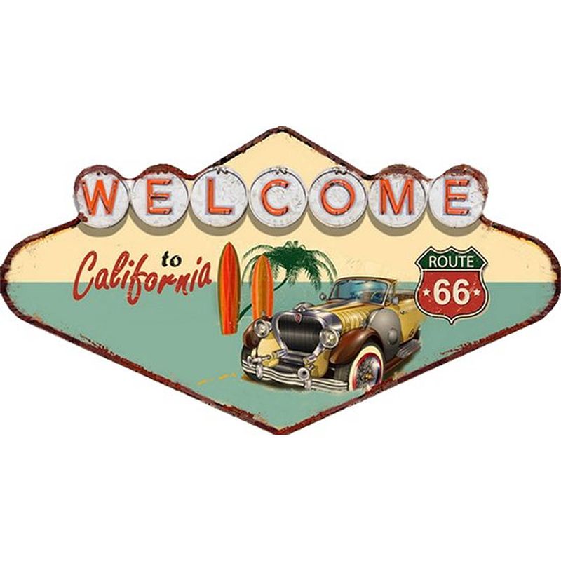 Foto van Clayre & eef wanddecoratie 49x27 cm groen rood ijzer welcome to california muurdecoratie wandversiering tekstbord