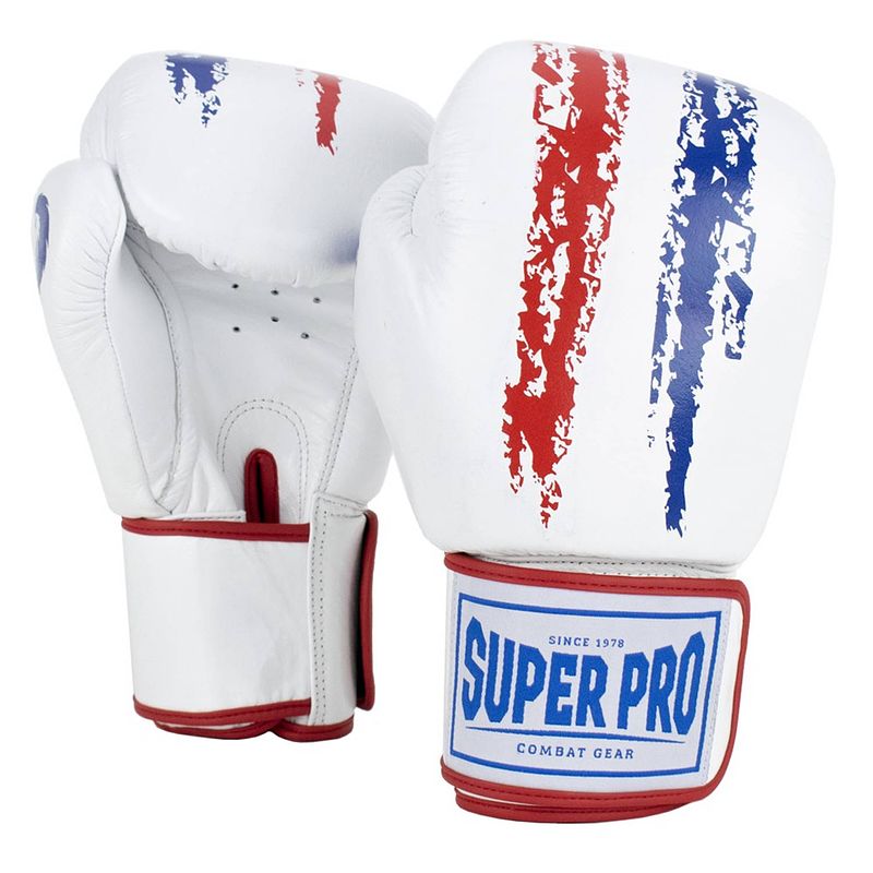 Foto van Super pro combat gear warrior lederen (kick)bokshandschoenen - rood/wit/blauw - 6 oz