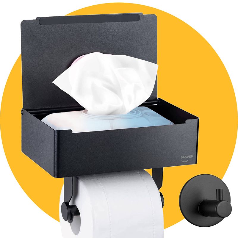 Foto van Toiletrolhouder zwart met plankje en bakje - zonder boren - pasper - wc rolhouder zelfklevend - inclusief extra handdoek