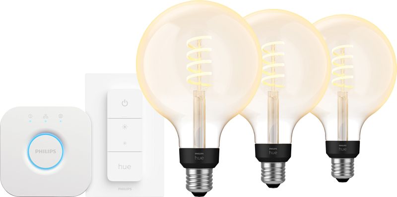 Foto van Philips hue filament white ambiance globe xl 3-pack startpakket