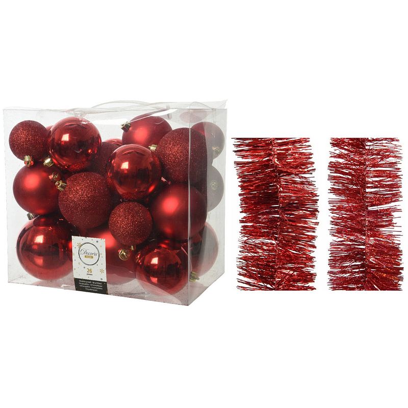 Foto van Kerstversiering kunststof kerstballen 6-8-10 cm met folieslingers pakket rood van 28x stuks - kerstbal