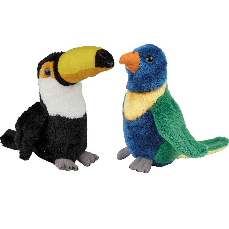 Foto van Tropische vogels pluche knuffels 2x stuks - lori parkiet en toekan van 15 cm - vogel knuffels