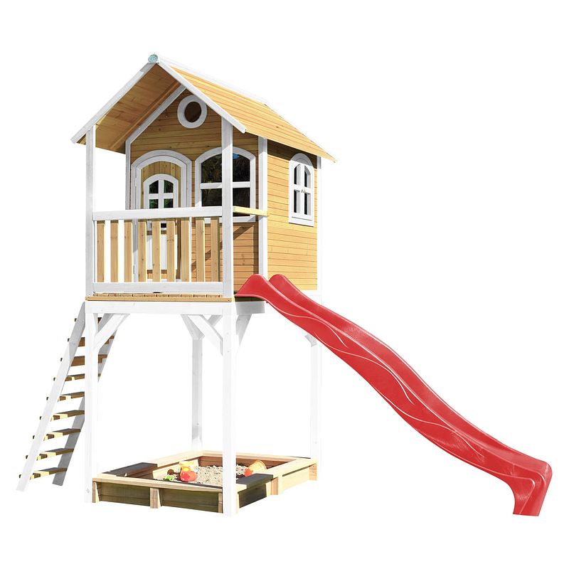 Foto van Axi romy speelhuis op palen, zandbak & rode glijbaan speelhuisje voor de tuin / buiten in bruin & wit van fsc hout