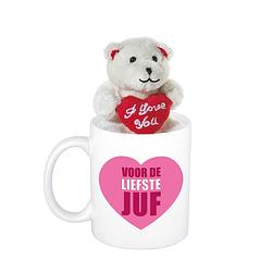 Foto van Juffendag cadeau hartje voor de liefste juf beker / mok 300 ml met beige knuffelbeertje - feest mokken