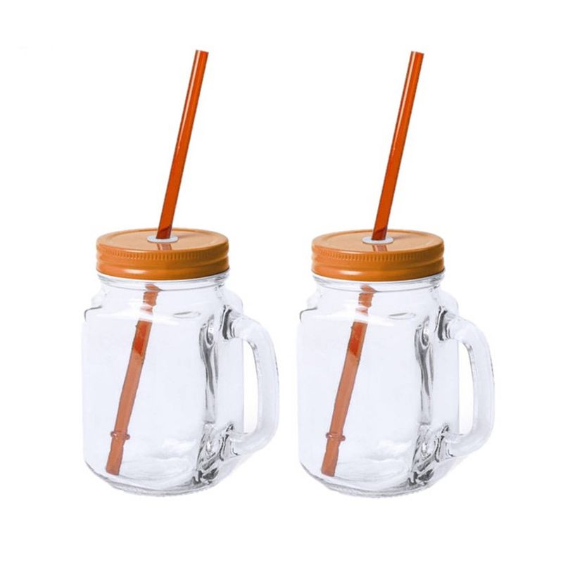 Foto van 8x stuks glazen mason jar drinkbekers oranje dop/rietje 500 ml - drinkbekers