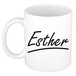 Foto van Naam cadeau mok / beker esther met sierlijke letters 300 ml - naam mokken